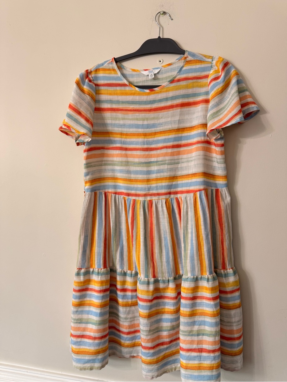 Time and Tru Multicolor Striped Tiered Kids Dress - Orange, Yellow, Blue, Cream